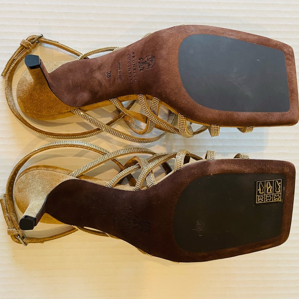 BRUNELLO CUCINELLI Monili Cage Slingback Sandal SUEDE Shoe 38 US 8 Gold NEW Box! - Picture 5 of 15